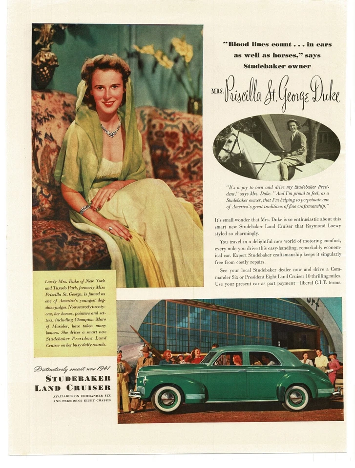 1941 Studebaker President 2-tone Green Priscilla St. George Duke Vintage Ad - Image 1 of 1