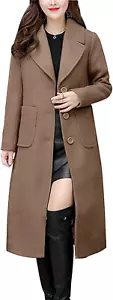 Women'S Big Notch Lapel Single Breasted Mid-Long Wool Blend Coat - Picture 1 of 5