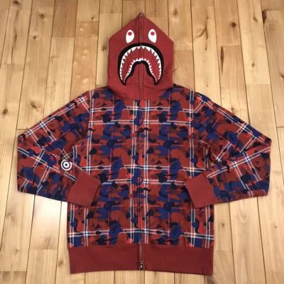 BAPE check camo Shark full zip hoodie Red A Bathing Ape Size S - Image 1 of 4