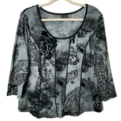 Vintage Serenade Y2K Velour Burnout Floral Paisley Whimsigoth 3/4 Sleeve Top XL - Image 1 of 4