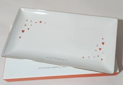 Le Creuset L‘Amour White Stoneware Hostess Tray Heart Decals 11x6 Gold Trim NIB - Image 1 of 4