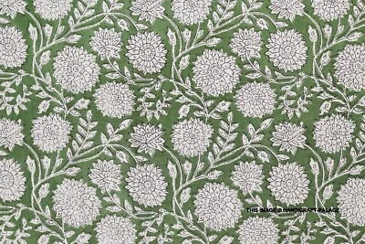 3 Yard Indian Cotton Hand Block Print Green Floral Beautiful Craft Sewing Fabric - Image 1 of 4