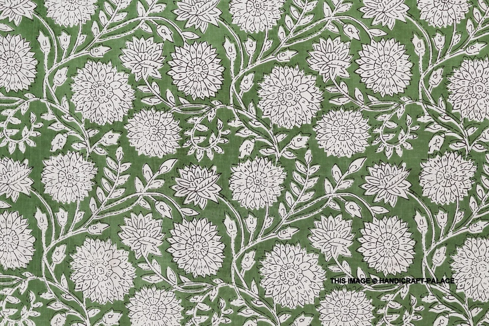 3 Yard Indian Cotton Hand Block Print Green Floral Beautiful Craft Sewing Fabric - Image 1 of 4