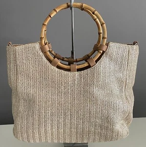 Tote Bag SUSSAN Silver Hue Straw Shopper Cane Handles PU Trim - Picture 1 of 10