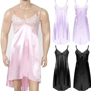 Men Sissy Nightwear Dresses Sleeveless Lace Satin Nightdress Sexy Lingerie Party - Picture 1 of 43