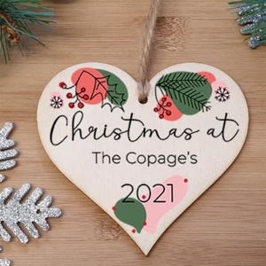 Personalised Wooden Hanging Heart Plaque Xmas Tree Bauble 2021 Celebrate At - Picture 1 of 8