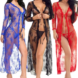 Women Sexy Lingerie Long Lace Kimono Robe Dress Sheer Gown See-Through Sleepwear - Picture 1 of 36
