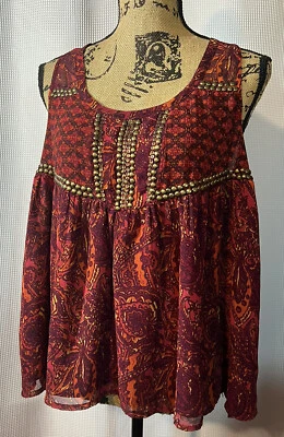 ecote Embellished Racerback Tank Top Large Sheer Dark Red Lined V-Neck O62 - Image 1 of 4