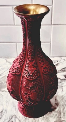 Atq Chinese Hand Carved Cinnabar Red Lacquer Vase Brass Interior 13” Ht X6” Wide - Image 1 of 4