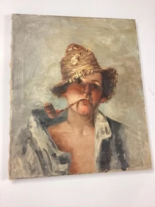 Aceite/lona vintage "niño con sombrero de paja y pipa" 24"x 20" - Imagen 1 de 7