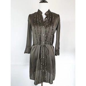 French Connection Shirt Dress Silk Ruffle Floral Button Victorian Brown Size 2 - Picture 1 of 11
