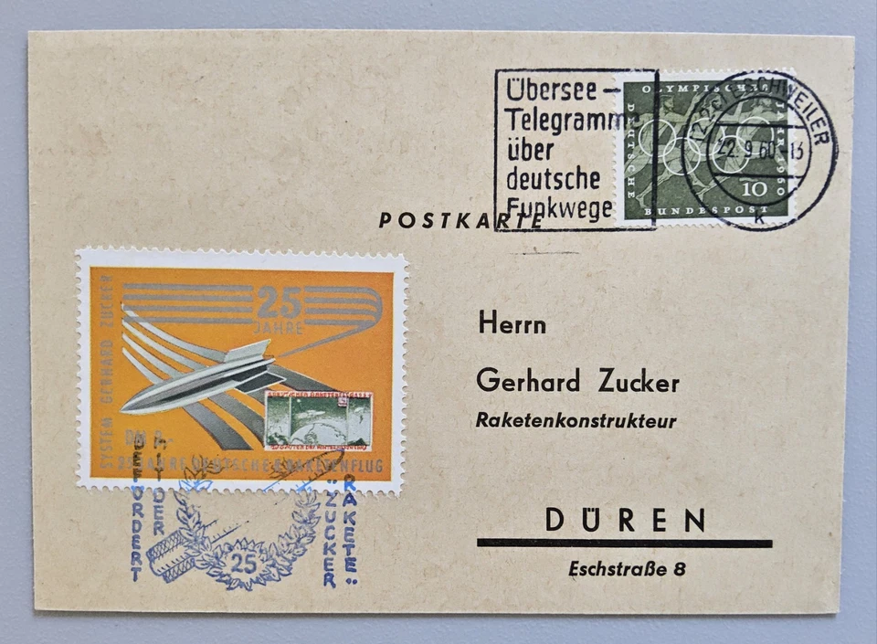 Karte Raketenpost Bund 1960 befördert mit Rakete Gerhard Zucker, 25 J. Jubiläum  - Bild 1 von 1