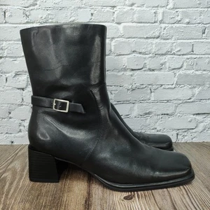 VTG Y2K Villager HARRIS Dressy Ankle Boots Black Leather 7.5 M Block Square Toe - Picture 1 of 14