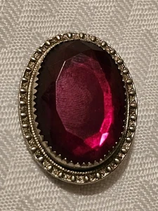 VTG ART DECO RED FACETED GLASS SILVER RECTANGLE DOGTOOTH BROOCH PIN C CLASP - Picture 1 of 6