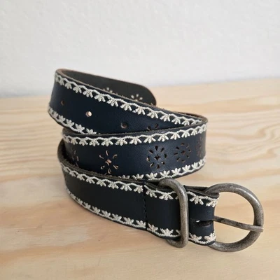 Lucky Brand S Blue Leather Belt with Floral Cutout and Antique Silver Buckle - Image 1 of 4