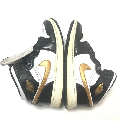 Nike Hombre Air Jordan 1 Mid SE Negro Patente Metálico Dorado Tenis Talla 6Y LEER Foto 1 de 4