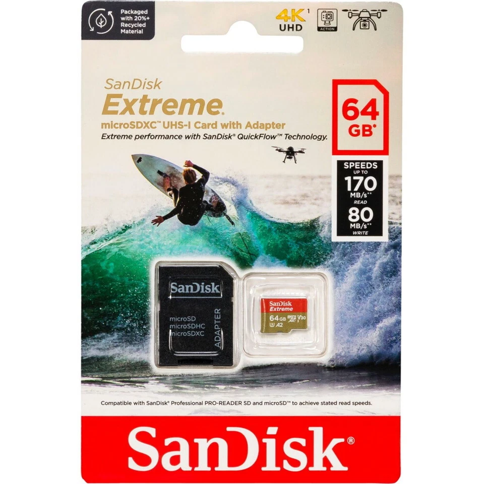 Sandisk Micro SDXC Karte 64GB Extreme UHS-I U3 4K 170 MB/s V30 A2 Class 10 - Bild 1 von 1