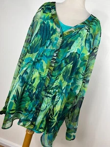 Maggie Barnes Catherines 3X Tank Top Shirt 2 Pc Aqua Blue Green Sheer Button V7 - Picture 1 of 6