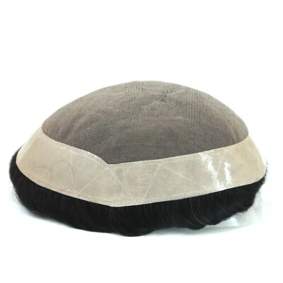 Mens Toupee Hair Replacement System Duro Fine Mono Poly Skin Human Hairpiece #1B