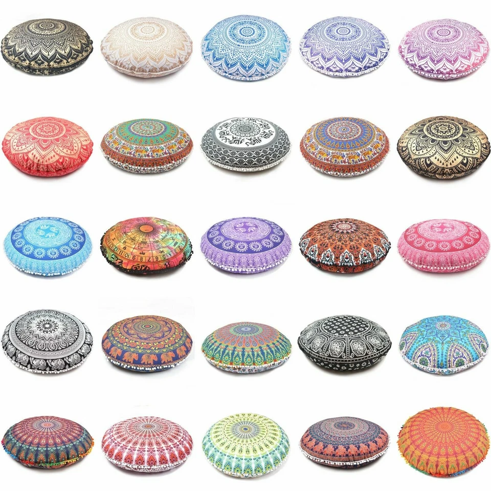 Large Mandala Floor Pillows Round Bohemian Meditation Cushion Cover Ottoman Pouf - Image 1 of 4