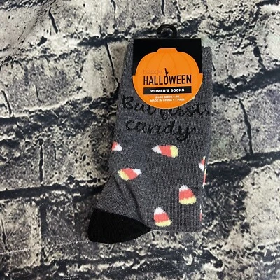 Halloween Women's " But First Candy" Socks Candy Corn Pumpkin Shoe Size 4 - 10 - Image 1 of 4