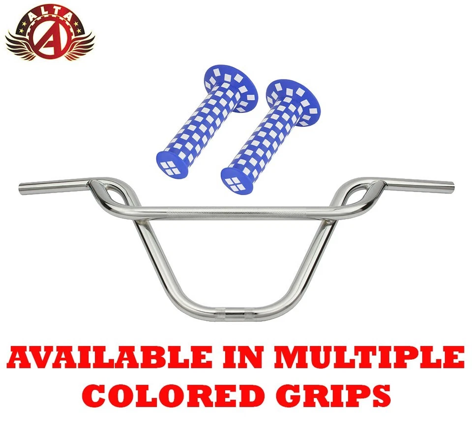 ALTA BMX Old School PRETZEL Chrome Handlebar W/124mm CHECKERED BMX GRIPS. - Image 1 of 1