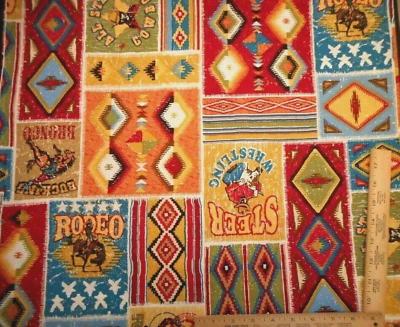 Tela Occidental 1 Yarda Suroeste Rodeo Parche Bronco Vaquero Novillo Acolchado Algodón Foto 1 de 3