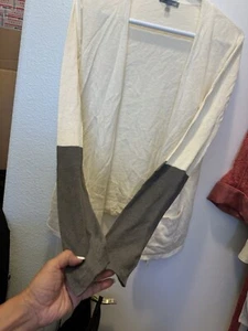 HORNYTOAD UNIQUE GRAY SLEEVE IVORY SOFT LINEN COTTON KNIT COMFY CARDIGAN SWEATER - Picture 1 of 7