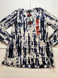 Ellen Tracy Womens White Blue Tie Dye V Neck Long Sleeve Tunic Blouse Sz. Medium - Picture 1 of 9