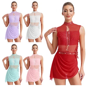 Women Dancewear Lyrical Dress Stage Dresses Rhinestones Dance Asymmetrical Mesh - Picture 1 of 66
