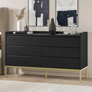 Chest of Drawers Black with 6 Drawers Gold Metal Legs Modern Seamless Style - Picture 1 of 6