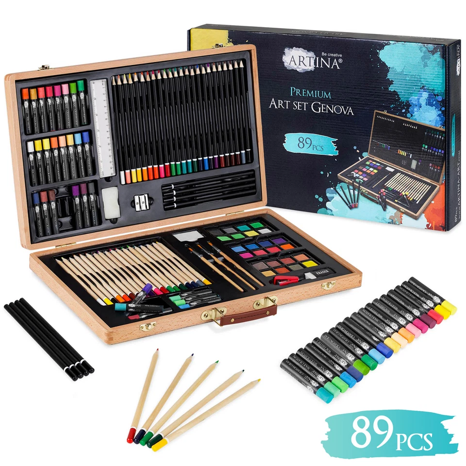 ARTINA Malset Malkoffer Zeichenset Buntstifte Holz Künstlerkoffer Malkasten Set 89 tlg
