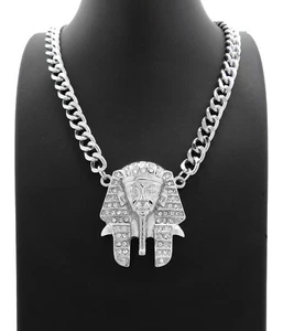 Hip Hop Egyptian King Tut Pharaoh Pendant & 9mm 18" Cuban Chain Bling Necklace - Picture 1 of 5