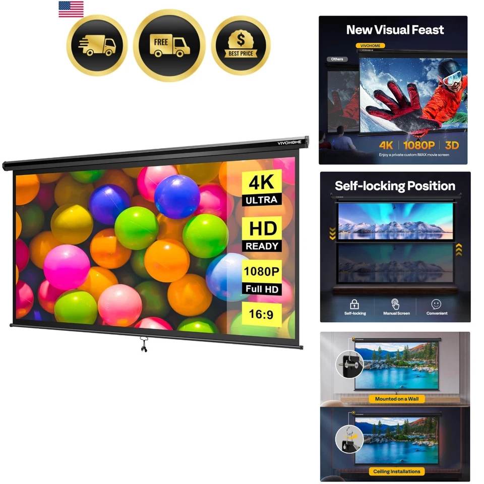 VIVOHOME 100 Inch Manual Pull Down Projector Screen 16 9 HD Retractable Widescr