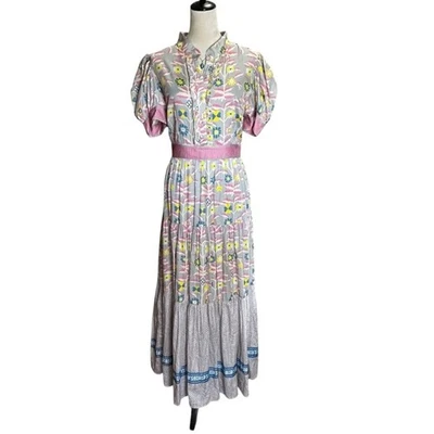 CK Bradley Wildflower Gray Annabelle Maxi Dress L | Puff Sleeve Tiered Cottage - Image 1 of 4