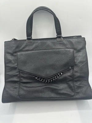 Milly Black Leather with GunMetal Finnish Chain Tote Satchel Handbag - Image 1 of 4
