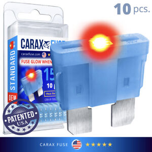 CARAX Glow Fuse - STANDARD Regular Blade - 15A Kit 10 pcs - Glow When Blown LED