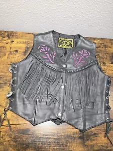 Milwaukee Leather Motorcyle Vest Womens Fringe Suade Roses 4 Pockets Sz Medium - Picture 1 of 24