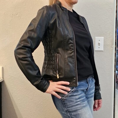 Women's (New Look Brand) Black Faux Leather Cute Short Motorcycle Jacket Medium  - Image 1 of 4
