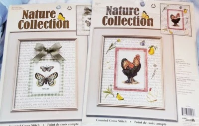 2 Leisure Arts Nature Collection cross  stitch Kits-"Butterfly Duo"  & "Rooster" - Image 1 of 4