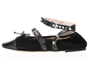 Topshop Primrose Womens Black Leather Studded Ankle Strap Ballet Flats Size 38 - Picture 1 of 6