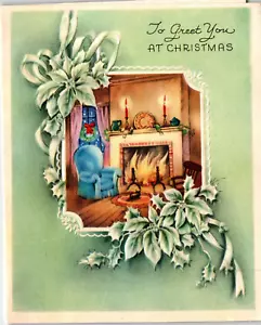 Biglietto e busta di Natale vintage 1944 ""To Greet You At Christmas"" camino - Foto 1 di 6