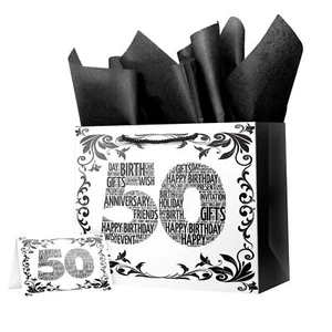 Large 50th Birthday Gift Bag 12.6" Black White Party Bag with Tissue and Card - Picture 1 of 4
