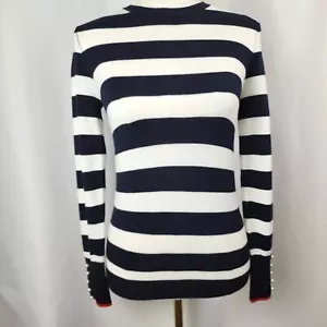 Zara Knit Women's Navy and White Striped Pearl Embellished Sleeve Sweater Size M - Picture 1 of 6