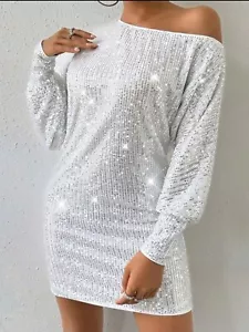 Minikleid Kleid Bodycon Pailletten Mini Glitter Glitzer Langarm Asymmetrisch - Bild 1 von 10