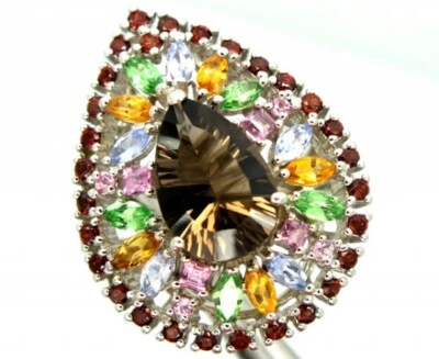 Anillo único para mujer de cuarzo ahumado en forma de pera con detalles de piedras preciosas multicolores Foto 1 de 4