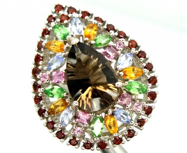 Anillo único para mujer de cuarzo ahumado en forma de pera con detalles de piedras preciosas multicolores Foto 1 de 4