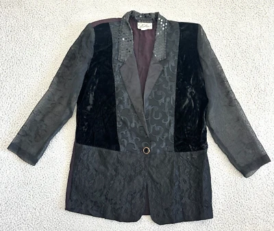 Blazer smoking lantejoulas preto vintage anos 90 feminino grande renda jacquard veludo transparente multi - Imagem 1 de 4