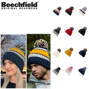 Lined Beanie Hats Bobble Pom Mens Womens Unisex Winter Ski Knitted Cap - Picture 1 of 25