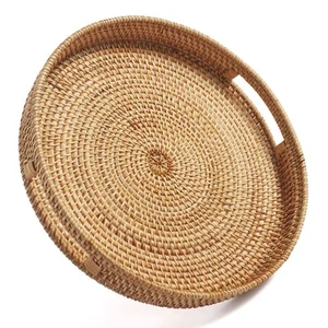Round Rattan Serving Tray Decorative Woven Ottoman Trays with Handles for Cof... - Picture 1 of 7